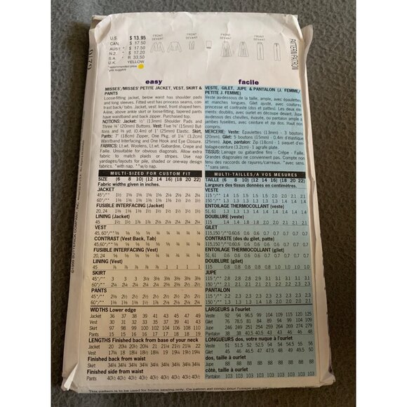 Butterick 6270 Sewing Pattern Jacket Vest Skirt Pants 12-14-16 1999 - Picture 2 of 2